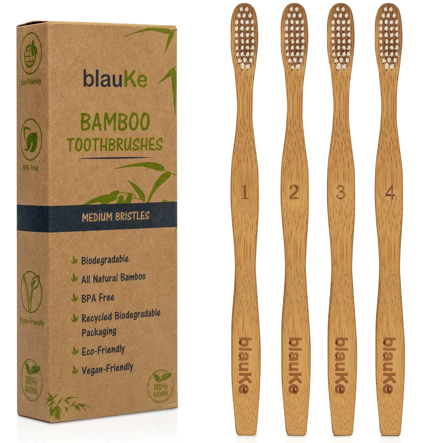 Bamboo Toothbrush Set 4-Pack - Bamboo Toothbrushes with Medium Bristles for Adults - Eco-Friendly, Biodegradable, Natural Wooden Toothbrushes